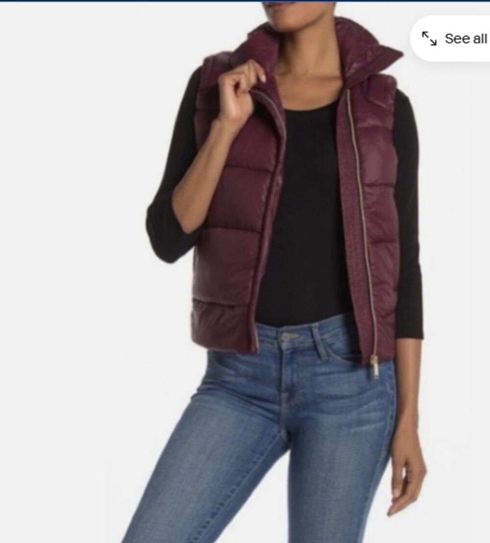 Sam Edelman Puffer Vest S Burgundy Wine Quilted High Collar outdoor Lightweight